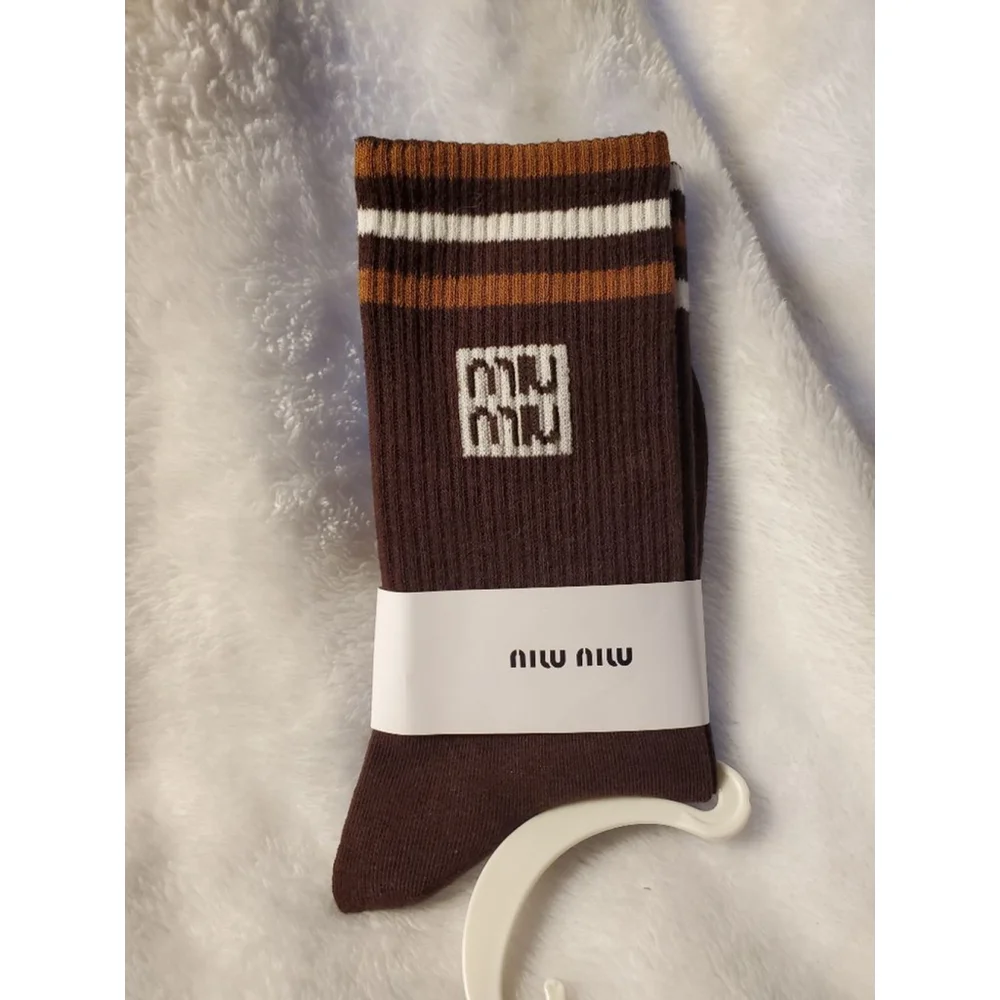 Crew Miu Miu Brown & White Striped Logo Socks Size W 7-9